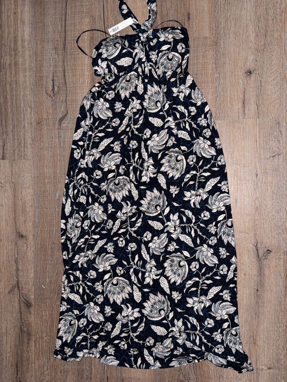 Soma Black and Ivory Floral Halter Maxi Dress with Tie Straps